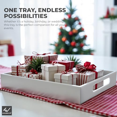 White Tray 20×12" with Cut Handles - Spill Proof Decorative Tray is an Ideal Countertop Organizer for Living Rooms, Ottoman Coffee Tables, Offices, Kitchens & Serving Guests - color: White, size: 20" x 12" x 2"