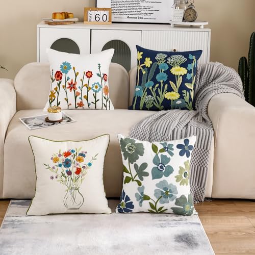 Embroidered Throw Pillow Covers 18x18 inch Pack of 2 Blue Blossoms - color: Blue Blossoms