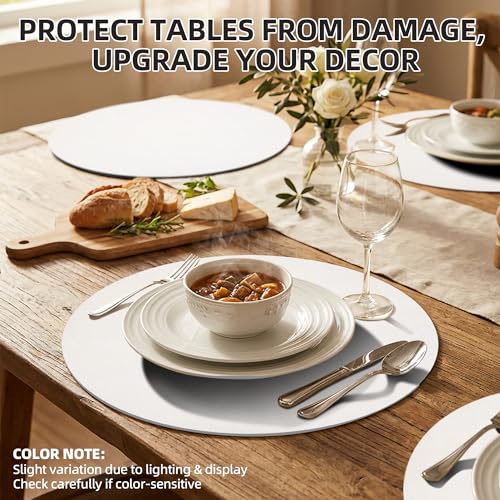 Placemats Set of 6, 15 Inch Round Faux Leather Place Mats - color: R-white