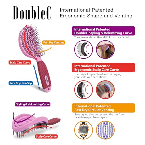 NuWay® DoubleC® Scalp Care Hair Brush – Patented Double Curve Design for Scalp Massage, Vented Blow-Dry Styling, Wet & Dry Hair, All Hair Types (Petal Pink) - color: Petal Pink