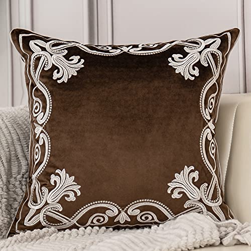 Aeckself European Floral Pillow Cover 20x20 Inch, Luxury Velvet Embroidered Decorative Throw Pillow Cover for Couch Bedroom Living Room, Brown and White - color: Brown, size: 20" x 20" (Pack of 1)
