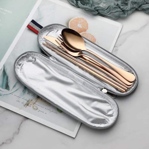 DEVICO Travel Utensils with Case, 5 Piece Portable Silverware Set for Work - color: Rose Gold