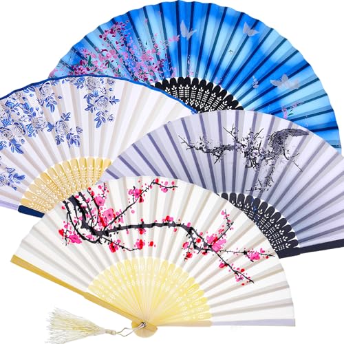 Zonon 4 Pack Hand Held Folding Fans for Women Silk,Adorable - style: Adorable