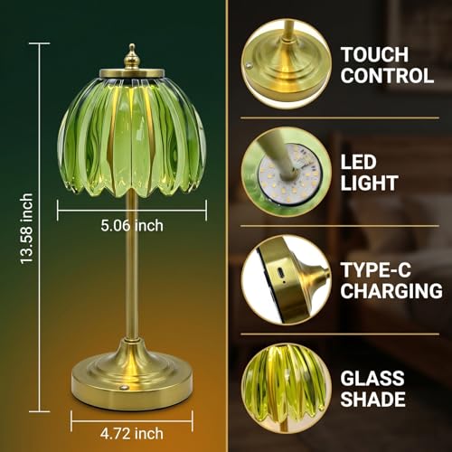 EJQ Glass Tulip Rechargeable Table Lamp, Cordless Flower Table Light -Green - color: Green