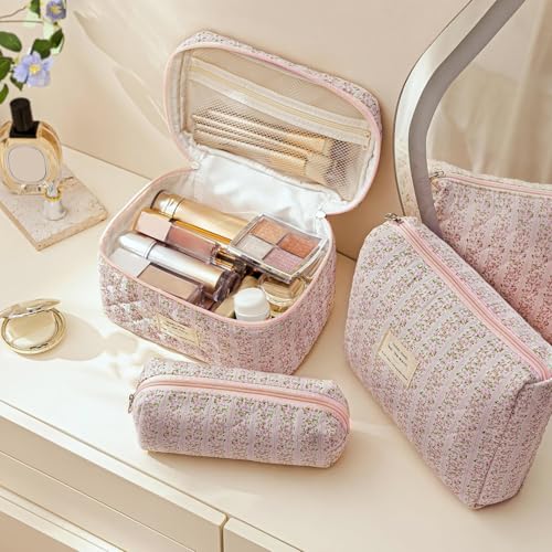 HBselect Quilted Makeup Bag, 3Pcs Cotton Large Travel Makeup Bags Organizer - color: A-3PCS-Floral 16