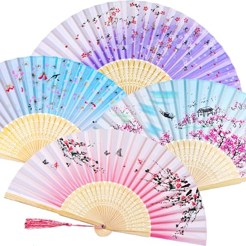 Zonon 4 Pack Hand Held Folding Fans for Women Silk,Classic - style: Classic