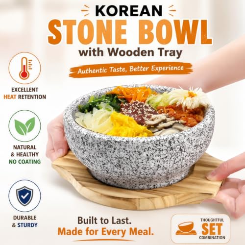 Dolsot Bibimbap Bowl with Wood Tray, 27 Oz Granite Stone Bowls - size: Medium