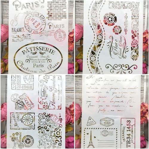 TIAMECH A4 Reusable Vintage Stamp Stencils for Painting - style: 4Pcs Vintage Ticket