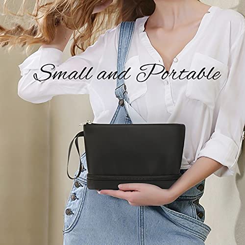 Small Makeup Bag 2 Layers Travel Cosmetic Bag with Makeup Brush Compartment - color: 02-nylon black