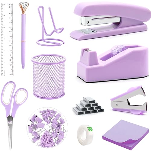 Purple Office Supplies - Purple Desk Accessories: Stapler, Staple Remover, Tape and Pen Holders, Ballpoint Pens, Scissors, Binder Clips, 1000 Staples, Phone and Ruler, Transparent Glue, Notes - color: Purple