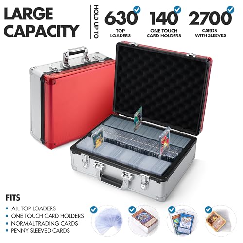 FunGuys Toploader Storage Box, Sports Card Storage Case, Top Loader Card Storage, Top Loader Storage Boxes, Trading Card Case Holds 600+ Card, One Touch Card Holder - color: Red and Silver, size: 15.4 x 11.8 x 6.3 Inches