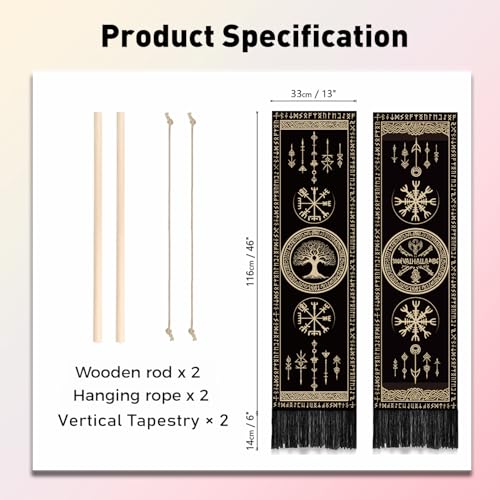 PLIGREAT 2 Pack Viking Symbols Tapestry with Tassels Tree of Life Celtic Rune Aesthetic Wall Hanging Vertical Home Art Tapestry for Bedroom Bathroom Living Room Long Narrow Wall Hanging Art Decor - color: black,beige