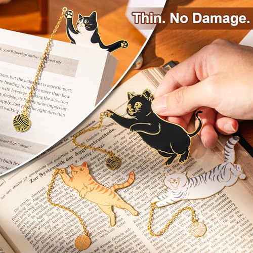 4 Pcs Cat Metal Bookmarks with Gold Chains and Charms