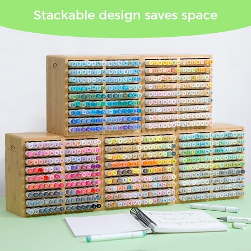Ohuhu Bamboo Marker Organizer, Wooden Desktop Storage Holds 126 Markers - style: Rounded Corner Hold 126 Markers