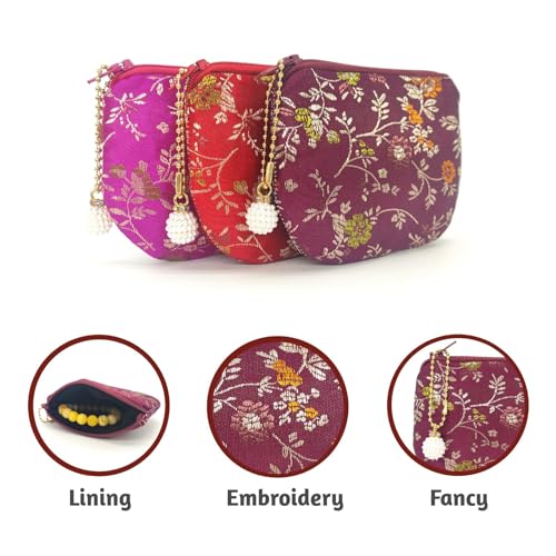 Handmade Women Coin Purse Brocade Zipper Wallet Rosary Pouch Silk Jewelry Bag - Maroon - color: Maroon