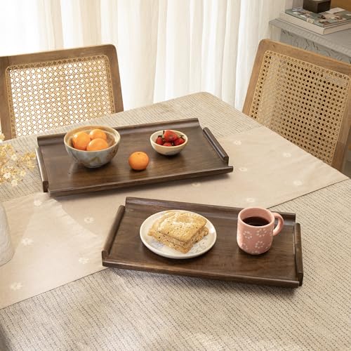 Ellementry Wooden Serving Tray Set – Decorative Tray for Coffee Table, Kitchen & Dining, Serving Platters, Breakfast & Snack Tray - color: Rhythm Brown