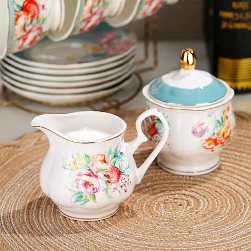 fanquare 21 Piece Vintage Green Floral Porcelain Tea Set for Adults - color: Peacock Blue