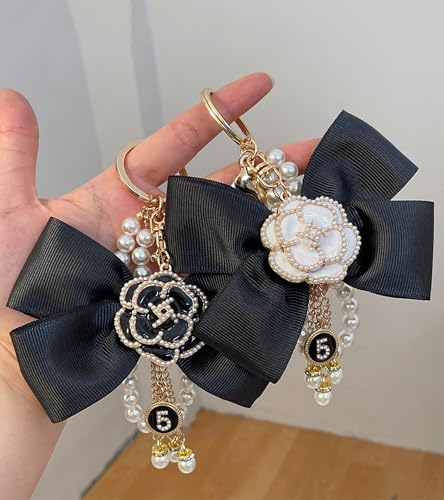 Camellia Flower Purse Charm Keychain with Bow and Pearl Accents - color: White