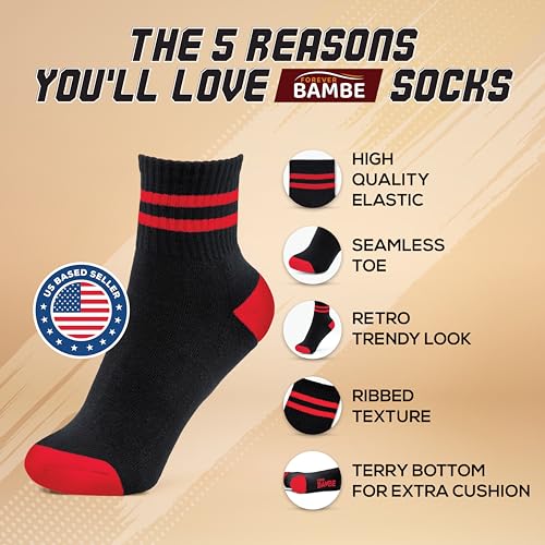 Forever Bambe Mini Crew Socks for Women 4-Pack Cushioned Bottom Retro Striped Socks - Athletic Women's Short Calf Sock - color: 14 - Black
