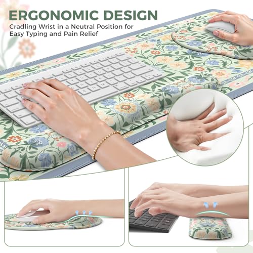iCasso Desk Cover Mat, Gaming Mouse Pad Wrist Support Set - color: Green Flowers