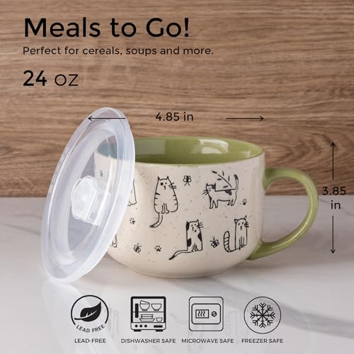 AmorArc 24 Ounces Ceramic Soup Mugs with Lids and Handle, Stoneware Bowls Cup Set of 2 for Soup, Stew, Noodle, Beautiful Mug Bowls With Lovely Dog,Cat Patterns, Microwave&Dishwasher Safe,Olive - color: Olive, size: 24oz