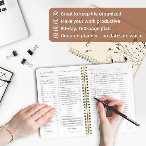 Undated Daily Planner - Spiral Notebook 80 Days One Day Per Page, Hourly Schedule, To-Do List, Notes, Everyday Planning Task, A5 Hardcover Journal Organizer Book Women Cute, White Flower - color: Line Flower
