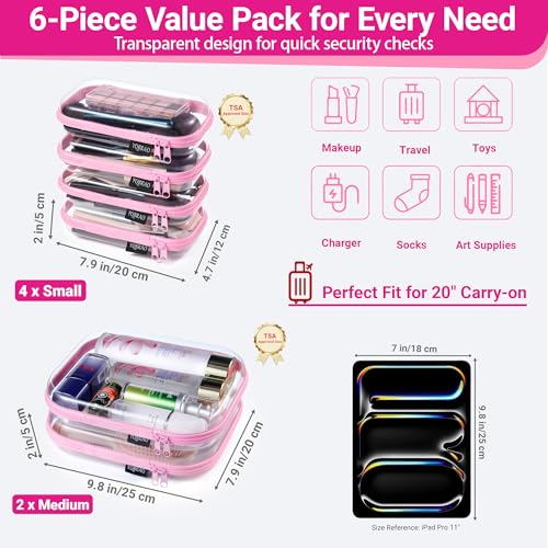 YQBRAO Clear Hard Shell Zipper Cases, 6 Travel Organizers, 2M 4S, Pink - color: Pink, size: 6 Pack (2M+4S)