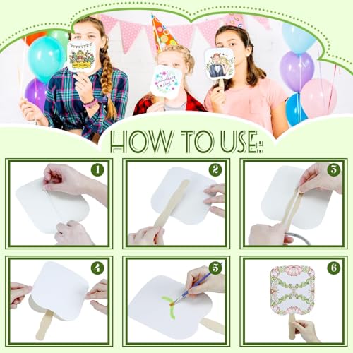 156 PCS DIY Blank Hand Fans Kit, 100 Cardstock Paper Fans with 50 Wavy Wooden Handles & 6 Rolls of Double-Sided Tape for Church, Wedding, Party, Custom Decoration & Craft Projects