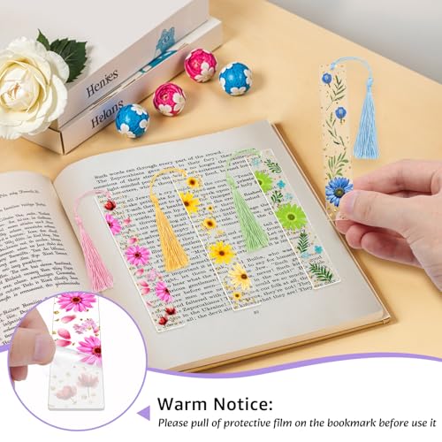 4 Pieces Pressed Flower Bookmarks for Men Women Book Lovers, Dried Flower Bookmarks with Tassels Transparent Acrylic Bookmark Floral Dried Flowers Page Marker for Reading Lover Students Teachers - color: Pink, Light Golden Yellow, Light Green, Sky Blue
