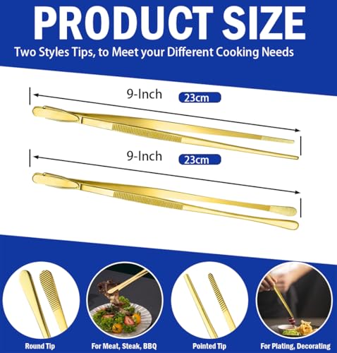 JETKONG 2 Pcs 9-Inch Cooking Tweezers Stainless Steel Food Tweezers Kitchen Tweezer Tongs (Gold) - color: Gold, size: 9+9 Inch
