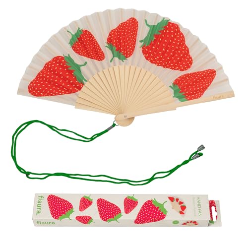 Fisura – Original Folding Fan with Strawberry Print. Colorful Wooden Folding Fan in red with Strap Included. Fun Gift idea for Travel Beach Days or Summer Events. 16.7 x 9 in. - color: Strawberries, Red