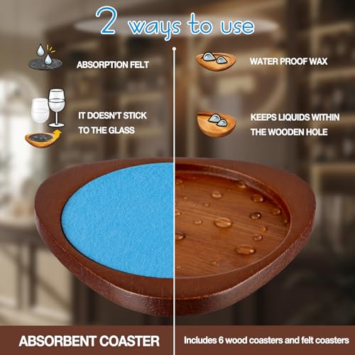 Newtay 6 Pcs Mid Century Modern Coasters Wood Absorbent Coaster,Blue - color: Blue