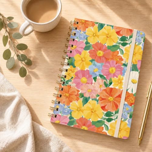Colorful Floral Lined Spiral Notebook, Pretty Hardcover Journal 6'' x 8.4'', Flower Notebook for Women, Work, Writing, Journaling Gift - color: floral-02
