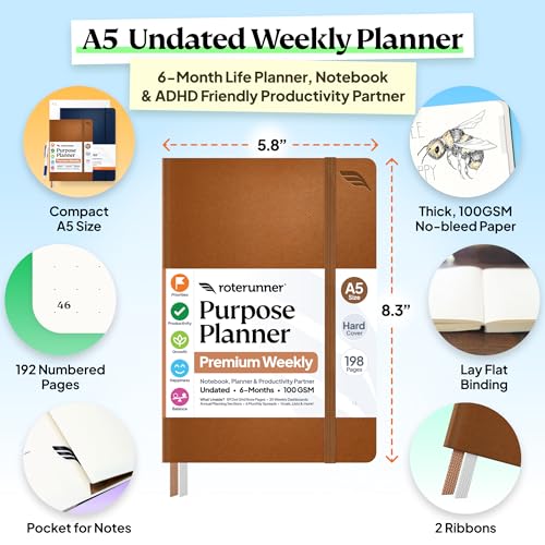 Roterunner Purpose Planner Notebook A5 5.8”x8.3” Undated 2026 Daily Weekly and Monthly Productivity Goal Setting Tool for Work Home ADHD Planner for Adults Self Care Journal (Tan Hardcover) - color: Tan, size: A5 Hardcover
