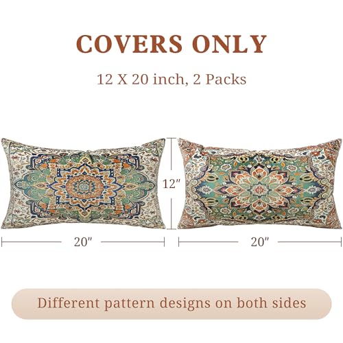 Boho Soft Velvet Throw Pillow Covers 12x20 in Vintage Pattern - color: Green, size: 20" x 12" (Pack of 2)