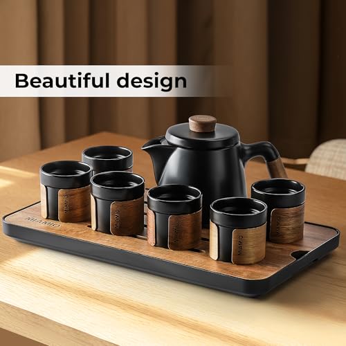 MIAMIO - Japanese/Chinese Tea Set 6 x 3.4 oz/Asian Tea Pot 21 oz with Tea Infuser, Traditional Japanese Tea Cups Set for Tea Lovers/Men/Women (Black) - color: Black