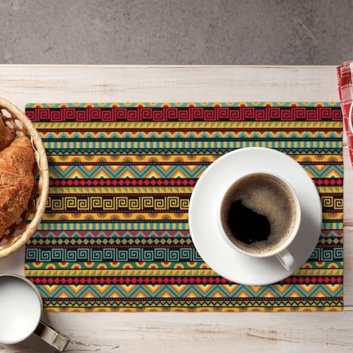 Geometric Ethnic Placemats Rectangle Linen Table Placemet Set of 4 - color: Red Yellow, size: Set of 4