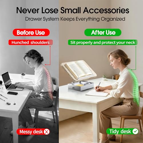 Book Stand with Storage Drawer, Heavy-Duty Adjustable Wooden Reading Stand - color: White Ash Effect, size: 10.5" x 15.5"