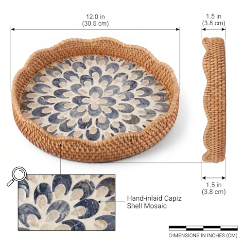 12 Inch Round Rattan Tray Mother of Pearl Inlay, Feather Style - style: Feather Style