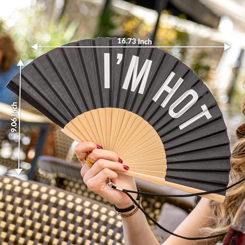Fisura – Original Black Folding Fan with Message I'm hot, Wooden Handheld Fan for Women, Includes Hanger, Perfect for Wedding, Party, Travel, Gift or Summer Decoration - color: I'm Hot, Black