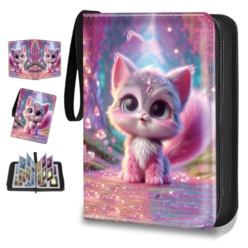 4 Pocket Trading Card Binder, Holds 400 Cards, 3-Ring Binder - color: Cute pink cat