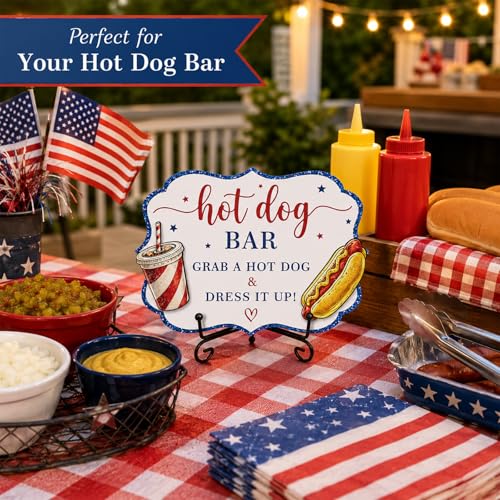 Patriotic Wooden Hot Dog Sign with Metal Stand, 5 x 7 Inch Independence Day Tabletop Food Display for BBQ Party, Buffet Table, Food Truck, Hot Dog Shop, Celebration Decor - A02 - color: DLR A02