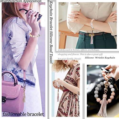 BIHRTC Key Ring Bracelet Car Keychain Holder Wristlet Silicone Women Beaded Bangle Chains - color: Grey Pink