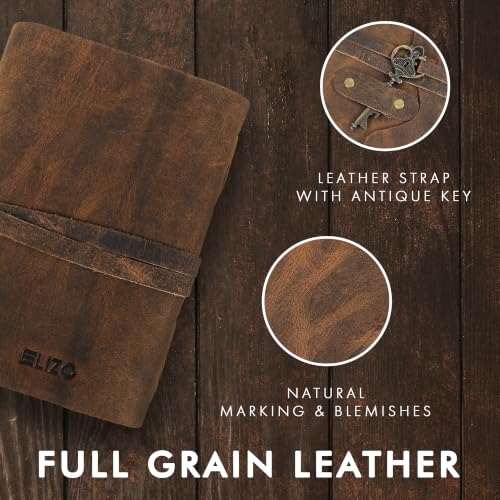 ELIZO Vintage Leather Journal, 200 Handmade Vintage Deckle Edge Paper, Leather Bound Journal For Women & Men, Key Closure, Book of Shadows Grimoire Sketchbook Travel Notebook, Teak Brown - 6X4 inches - size: 6x4 (Key Closure)