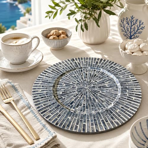 i-lan 2 Pack 13 Inch Mother of Pearl Charger Plates, Black Ray Shell Inlay - style: Style 9