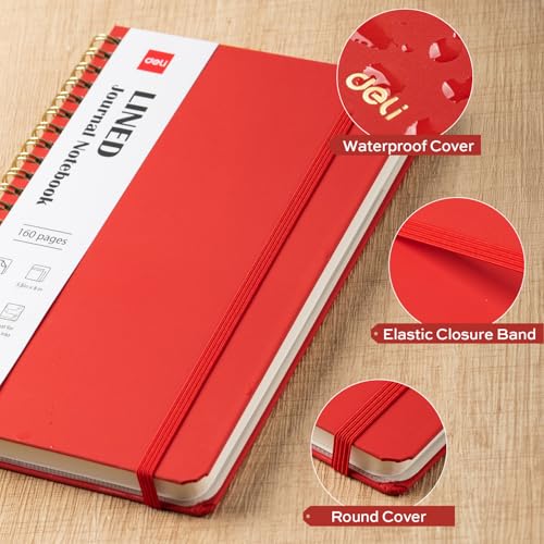 deli Red Lined Spiral Journal Notebook, 160 Pages, A5 (5.5"x8") Hardcover Writing Notebook, College Ruled Spiral Bound Journal for Women & Men - Perfect for Work, School, Office & Note Taking - color: Red
