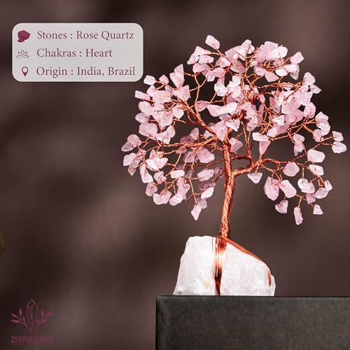 Rose Quartz Crystal Tree for Love & Healing Décor for Home and Office | Handmade Bonsai for Emotional Support & Harmony as Symbol of Piece for Loved Ones Gift for her - color: Rose Quartz Copper Wire Crystal Base
