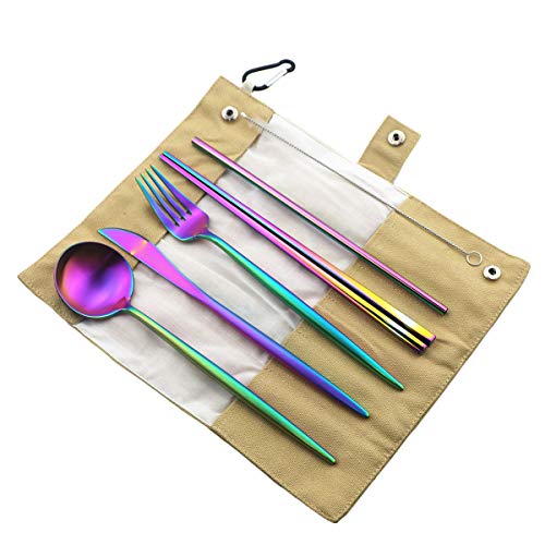 Luxury Rainbow Matte Portable 18/10 Stainless Steel Travel Flatware Sets of 7 Portable Camping Cutlery Set, Healthy & Eco-Friendly Flatware Set with Carrying Case for Travel or Camping - color: Rainbow, size: Khaki Pouch