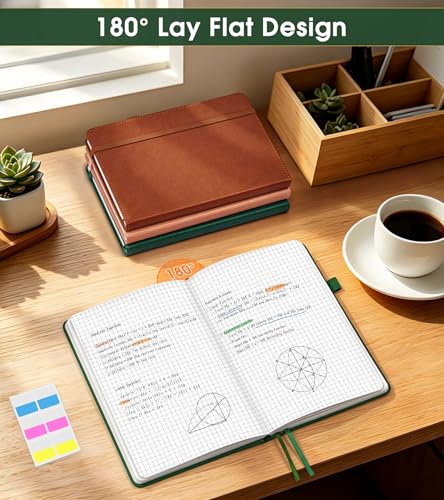 A5 Leather Hardcover Graph Paper Notebook, 160 Pages (5 Squares/Inch), 180° Lay-Flat Binding, 100 GSM Thick Paper, for Math, Engineering, Students & Technical Work (Green) - color: Green, size: Grid