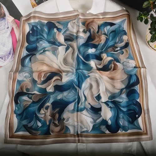 Women 100% Mulberry Silk Neck Scarf 21" Square Floral Neckerchief - color: Peacock Blue & Beige